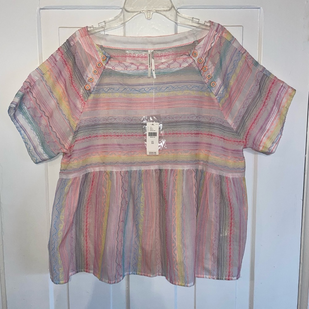 Anthropologie Letty Neon Embroidered Babydoll Stitched Peplum Top- NWT